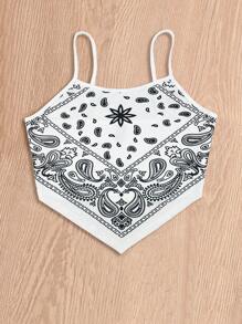 Breezaya 佩斯利印花手帕下摆吊带背心 图案 T 恤 女式上衣 - 白色 - 查看 5