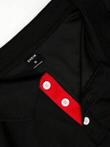 Manfinity Homme Men Plus Contrast Trim Polo Shirt, Men Black And Red Polo Shirt, Men Long Sleeve Black Polo Shirt, Fall - Black - View 3