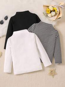 SHEIN Young Boy 3pcs Solid & Striped Print Mock Neck Tee - Multicolor - View 2
