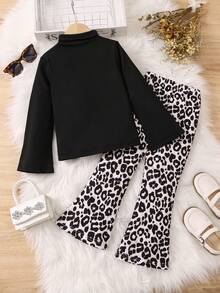 SHEIN 女小童小高領喇叭袖T恤&豹紋印花喇叭褲 - 黑色 - 查看 2
