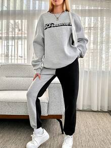 SHEIN Cottnline Women's Letter Print Drop Shoulder Sweatshirt And Two Tone Sweatpants Set - Multicolor - View 5