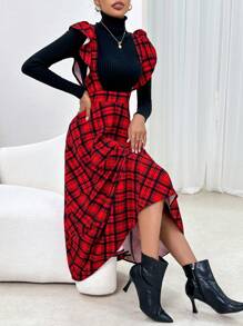 SHEIN Privé In kẻ sọc Viền Ruffle Đầm Tổng thể Không có áo len - Đỏ - Xem 1