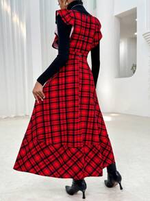 SHEIN Privé In kẻ sọc Viền Ruffle Đầm Tổng thể Không có áo len - Đỏ - Xem 3
