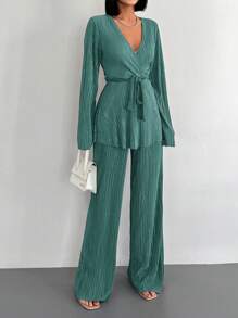 EURMUSE Abiti Da Donna Con Cintura: Top Con Maniche Svasate E Pantaloncini Abbinati - Verde - Visualizzare 5