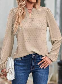 SHEIN Clasi Swiss Dot Notched Neckline Lantern Sleeve Blouse - Apricot - View 3