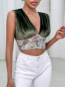 SHEIN Privé 印花深V領短款背心 - 紫色 - 查看 4