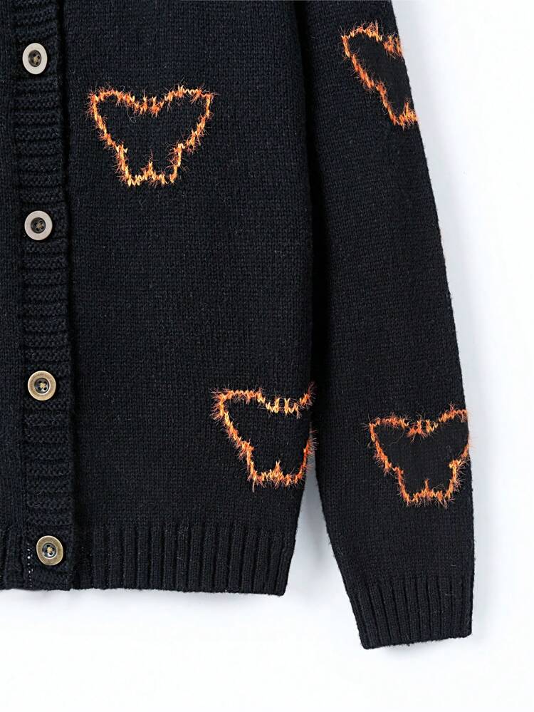 Teen Girl 1pc Butterfly Pattern Drop Shoulder Cardigan