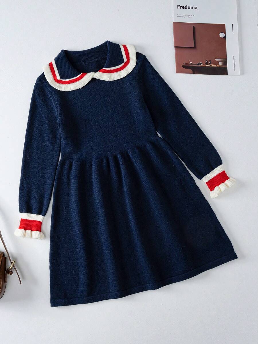 SHEIN 女大童彼得潘領喇叭袖毛衣洋裝 - 藏蓝色 - 查看 1