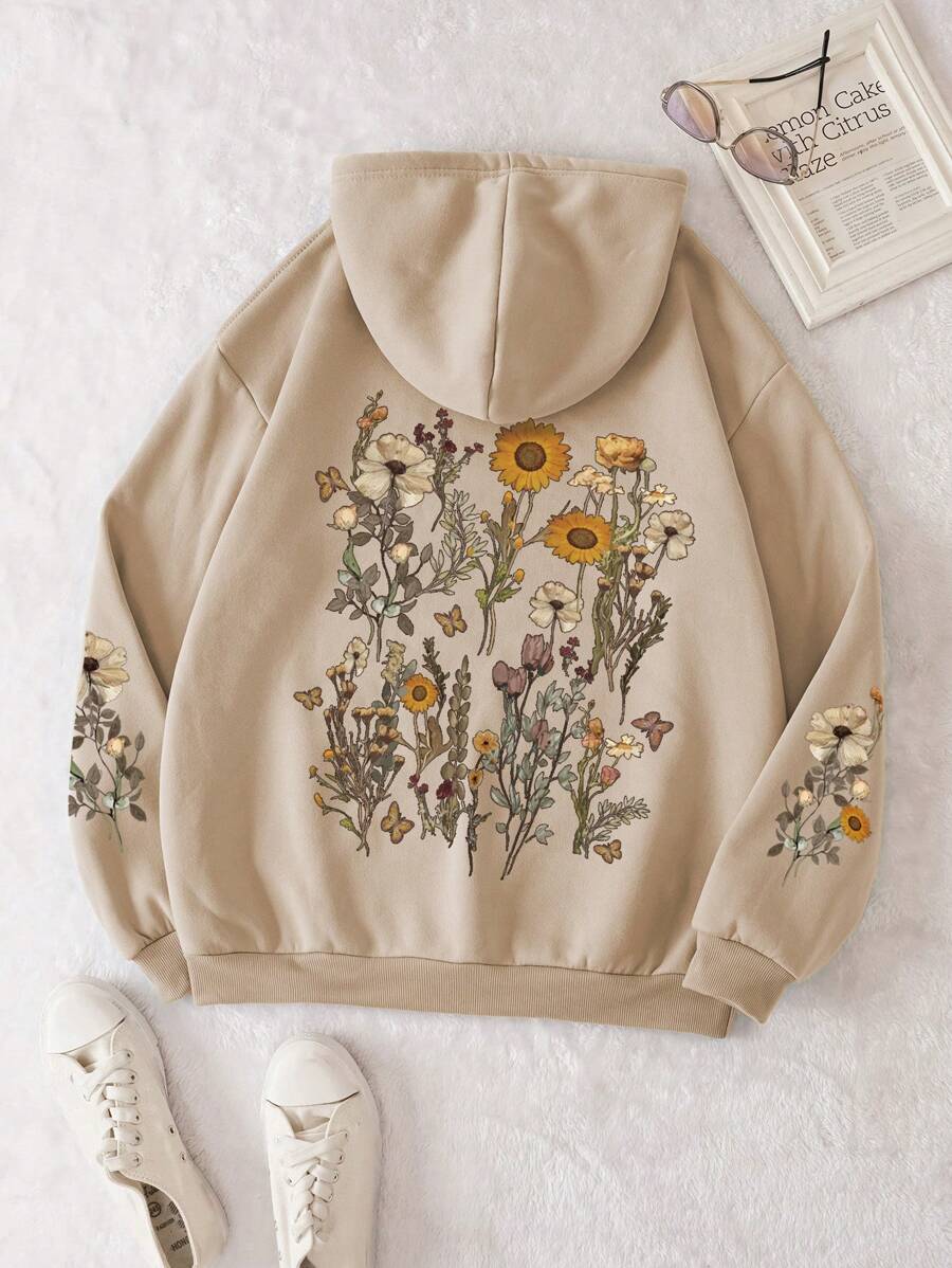 INAWLY Floral Print Drawstring Thermal Lined Hoodie Pullover Fall Outfit - Khaki - View 1