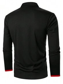 Manfinity Homme Men Plus Contrast Trim Polo Shirt, Men Black And Red Polo Shirt, Men Long Sleeve Black Polo Shirt, Fall - Black - View 2