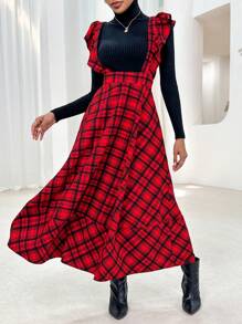 SHEIN Privé In kẻ sọc Viền Ruffle Đầm Tổng thể Không có áo len - Đỏ - Xem 2