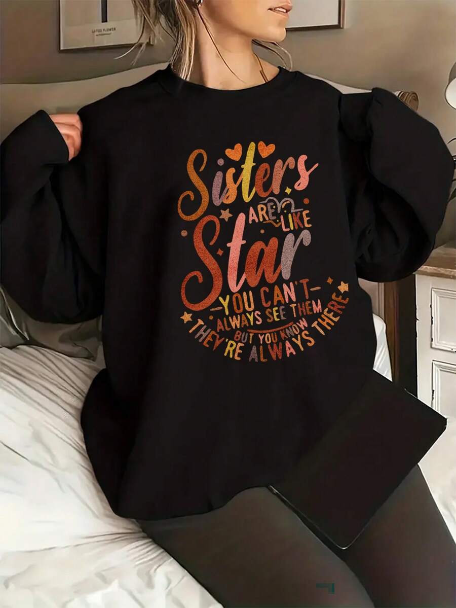 SHEIN EZwear Slogan Graphic Drop Shoulder Oversized Pullover - Black - View 1
