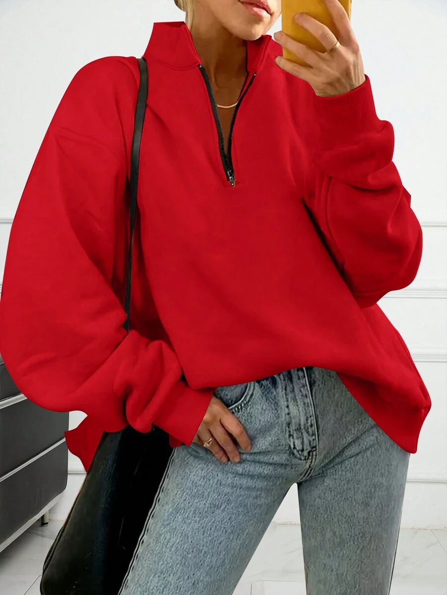 INAWLY 半拉鏈落肩袖運動衫 - 紅色 - 查看 1