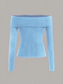 SHEIN Unity 折邊一字肩條紋針織套頭毛衣 - 淺藍色 - 查看 3