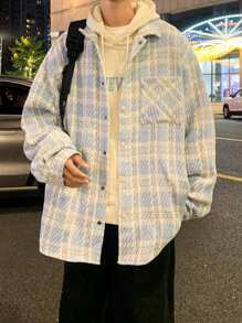 Men 1pc Plaid Print Pocket Patched Jacket - Baby Blue - View 1