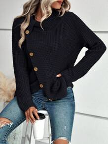 SHEIN LUNE Cổ bò Chi tiết Nút Tay Raglan Bao bên Áo len - màu đen - Xem 3