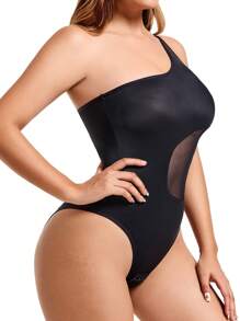 Contrast Mesh One Shoulder Shapewear Bodysuit - Black - View 5