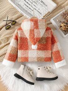 SHEIN Young Girl Plaid Print Hooded Fleece Jacket - Orange - View 2