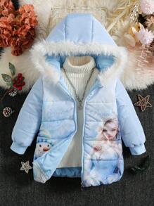 SHEIN Cô gái trẻ 1pc hình và đồ họa hoạt hình lông xù có mũ trùm đầu có đệm áo khoác - Màu xanh lam - Xem 1