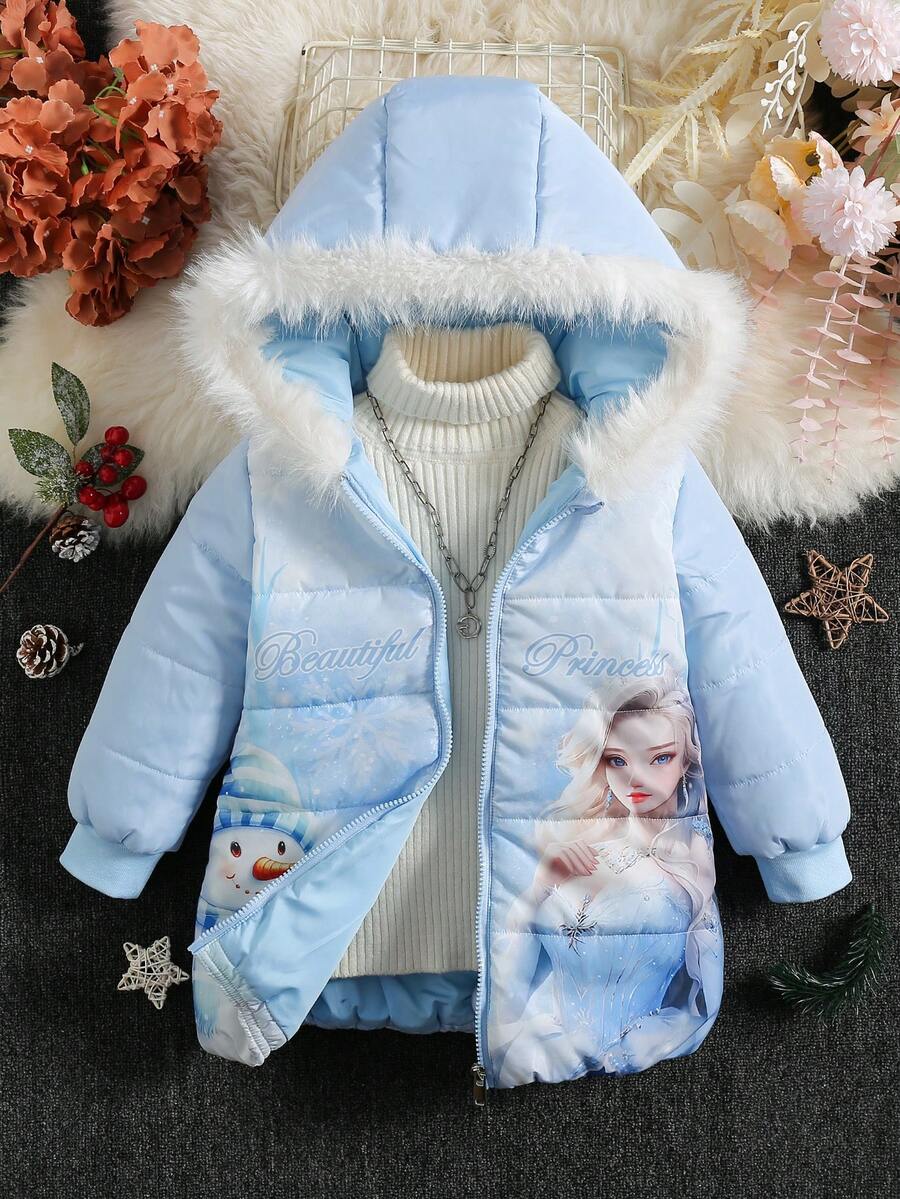 SHEIN Cô gái trẻ 1pc hình và đồ họa hoạt hình lông xù có mũ trùm đầu có đệm áo khoác - Màu xanh lam - Xem 1