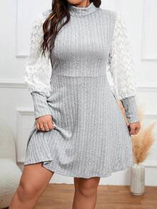 Celure Plus Mock Neck Lantern Sleeve Dress Without Belt - Grey - View 6