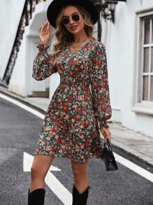 SHEIN LUNE 滿版印花腰部打褶洋裝 - 彩色 - 查看 1