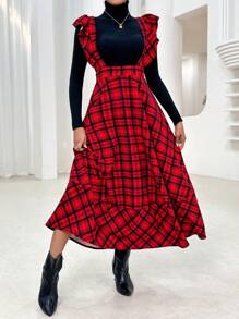 SHEIN Privé In kẻ sọc Viền Ruffle Đầm Tổng thể Không có áo len - Đỏ - Xem 4