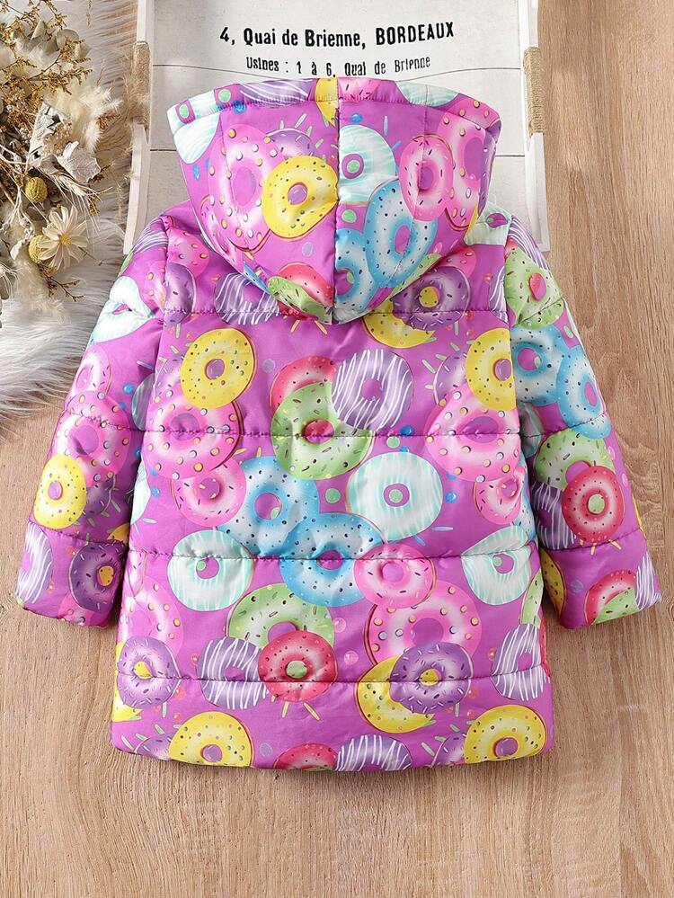 Young Girl All Over Print Donut Design Thermal Lined Zip-Up Hooded Padded Coat