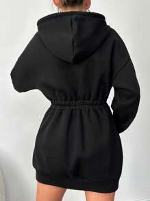 SHEIN Cottnline Pearls Beaded Drop Shoulder Drawstring Hooded Sweatshirt Dress - Black - View 2