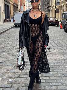 Vestido de tirantes unicolor con encaje sin set de lencería - Negro - Ver 3