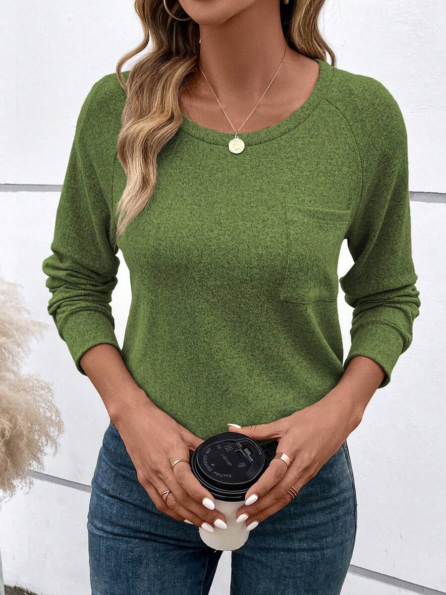 SHEIN LUNE 素色插肩袖口袋貼布T恤 - 青檸色 - 查看 1