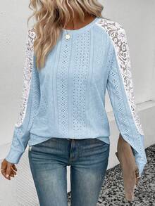 SHEIN LUNE Contrast Lace Raglan Sleeve Eyelet Embroidery Tee - Blue - View 3