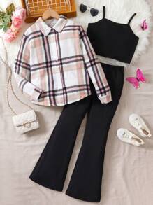 SHEIN 休閒前紐扣格子女童（大）兩件套