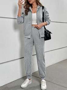 SHEIN LUNE Zip Up Drawstring Thermal Lined Hoodie & Sweatpants - Light Grey - View 4