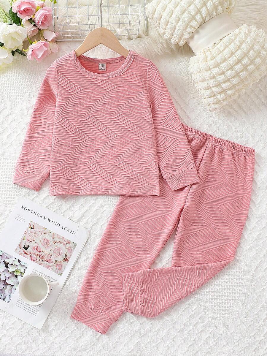 Young Girl Solid Textured PJ Set - Pink - View 1