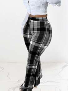 Plaid Print Flare Leg Pants - Black and White - View 1