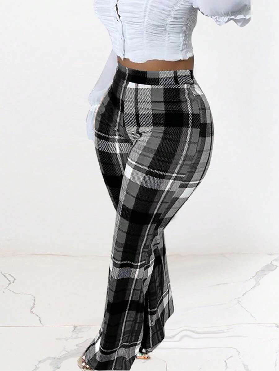Plaid Print Flare Leg Pants - Black and White - View 1