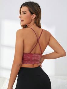 SHEIN Yoga Basic 素色後背十字交叉運動型胸罩 - 紅木色 - 查看 2