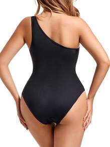 Contrast Mesh One Shoulder Shapewear Bodysuit - Black - View 2