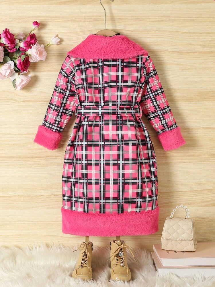 Young Girl Borg Collar Belted Plaid Overcoat Without Sweater