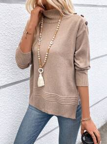 SHEIN LUNE Turtleneck Drop Shoulder Button Detail Knit Pullover Fall Winter Sweater - Khaki - View 4