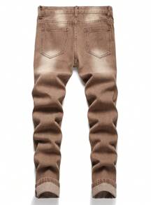 青少年男生坑洞刮痕牛仔褲 - 咖啡棕 - 查看 2