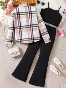 SHEIN 休閒前紐扣格子女童（大）兩件套