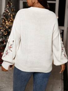 Calvaya 大碼花卉刺繡落肩袖套頭毛衣 - 白色 - 查看 2