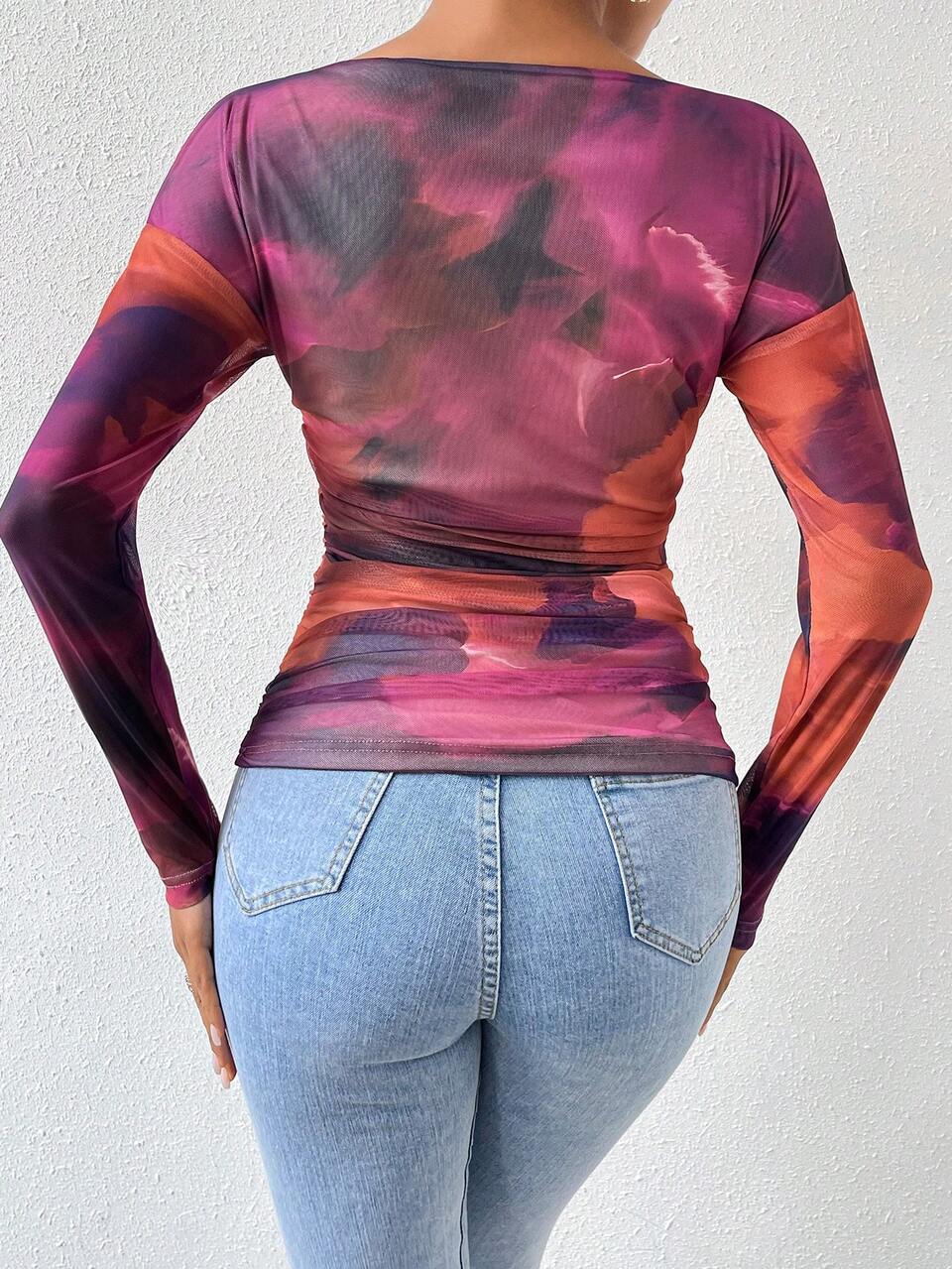 Tie Dye Asymmetrical Neck Ruched Side Tee
