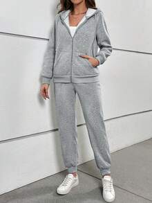 SHEIN LUNE Zip Up Drawstring Thermal Lined Hoodie & Sweatpants - Light Grey - View 6