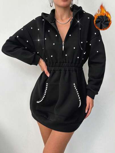 RueChic Pearls Beaded Drop Shoulder Drawstring Hooded Sweatshirt Dress