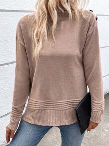 SHEIN LUNE Turtleneck Drop Shoulder Button Detail Knit Pullover Fall Winter Sweater - Khaki - View 6