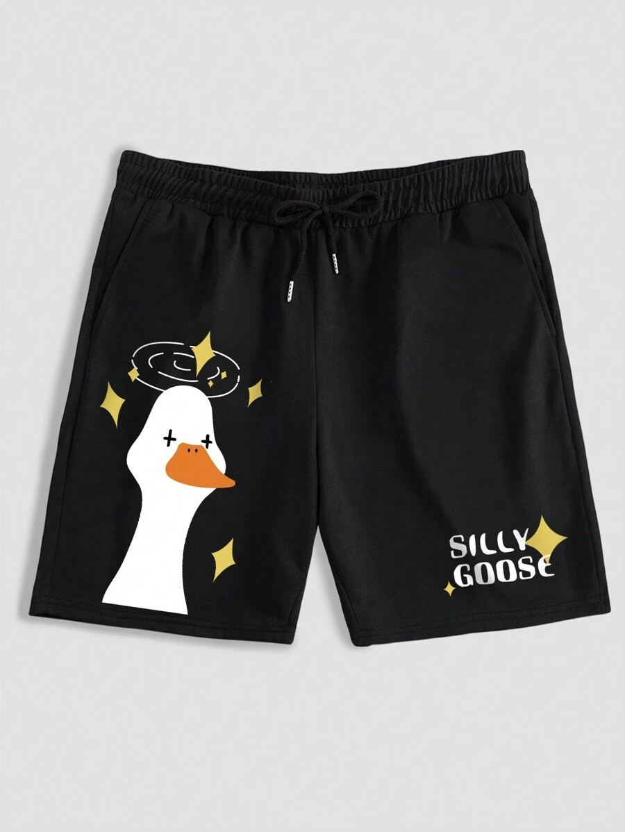 Manfinity Dauomo Men Cartoon & Letter Graphic Drawstring Waist Shorts - Black - View 1