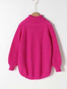 SHEIN 女大童高領插肩袖高低下擺套頭毛衣